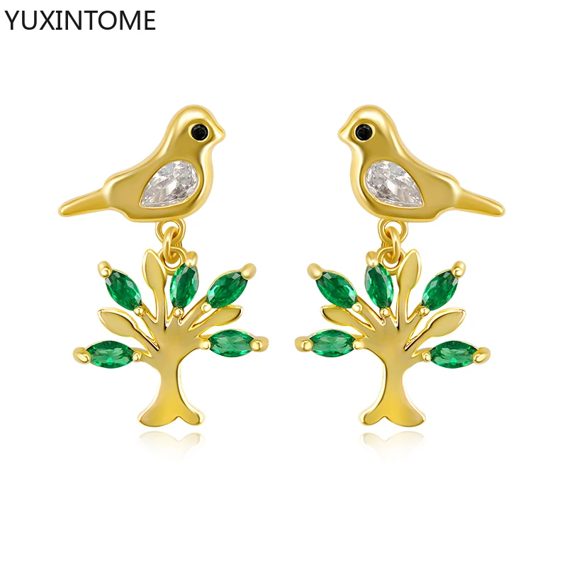 

925 Sterling Silver Ear Needle Cute Bird Stud Earrings Gold Color Tree of Life Dangle Earrings Green Crystal Earrings for Women