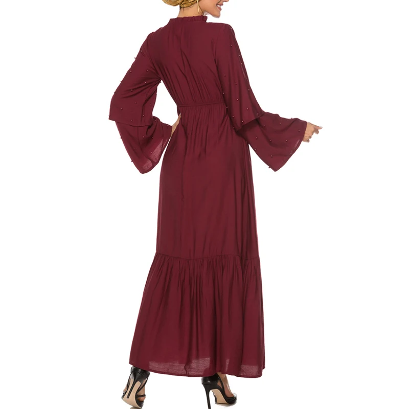 MISSJOY Elegant High Waist Abaya Turkish Dress Women Muslim Solid Color Ruffle Flare Sleeve Diamond Islamic Clothing Casual