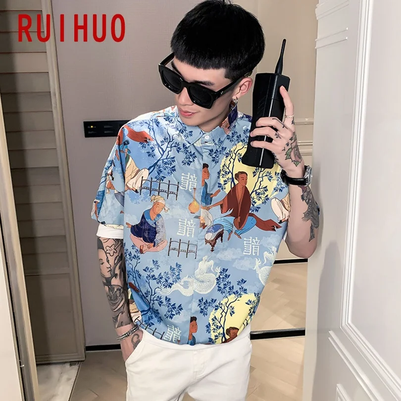 Повседневные рубашки RUIHUO с принтом в китайском стиле для мужчин одежда гавайская