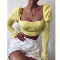 colysmo cropped tops blouse women autumn solid color vintage square collar long flared sleeves pleated wrinkled blusas mint 2020