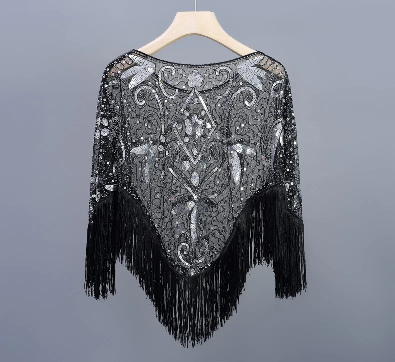 

Mesh sequins shawl cloak transparent short pullover solid color tassel cardigan see through dance party wear travel shirt 2020