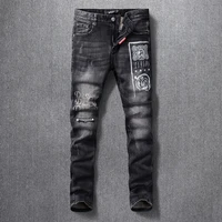 streetwear fashion men jeans black elastic slim ripped jeans men embroidery beading printed designer hip hop denim punk pants