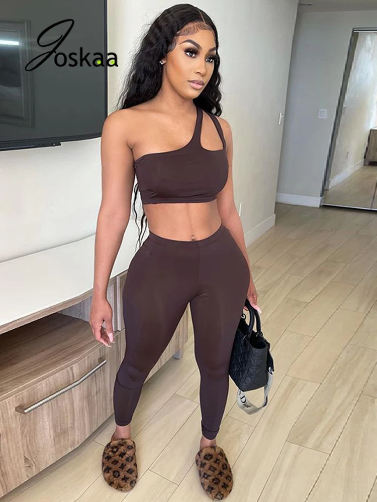 

Joskaa, летние однотонные костюмы для занятий йогой и фитнесом для женщин, сексуальный укороченный топ на бретельках и брюки-карандаш, комплек...