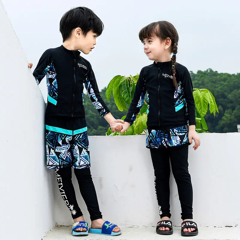 

Hot sale 2022 MEIYIER long sleeve rash guard for kids swimwear rashguard boys girls fashion zipper swmsuit 3 piece surf swim set