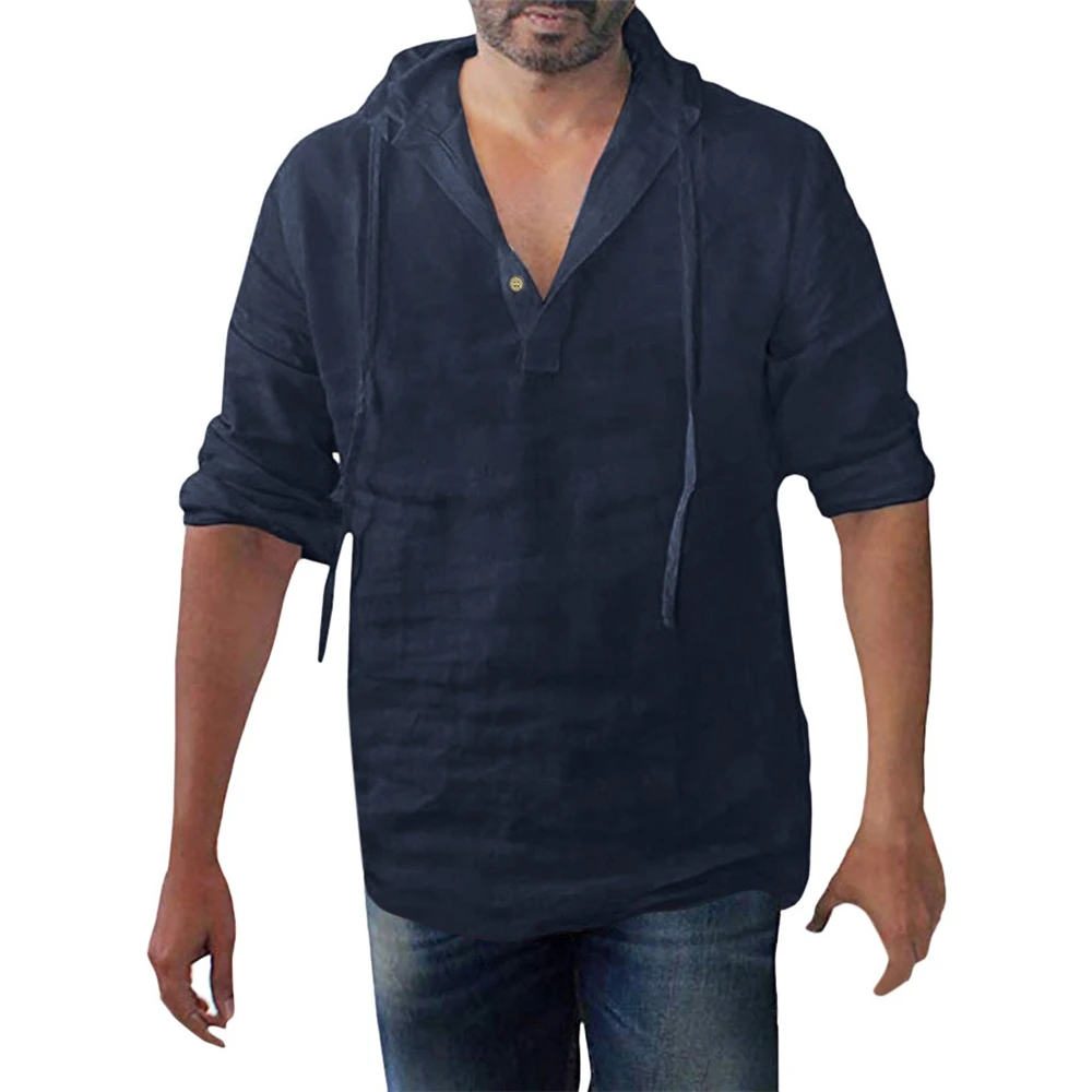 

Men's Shirt Summer Hooded Solid Color Cotton Linen Long Sleeve Blouse Tops Casual Loose Shirt
