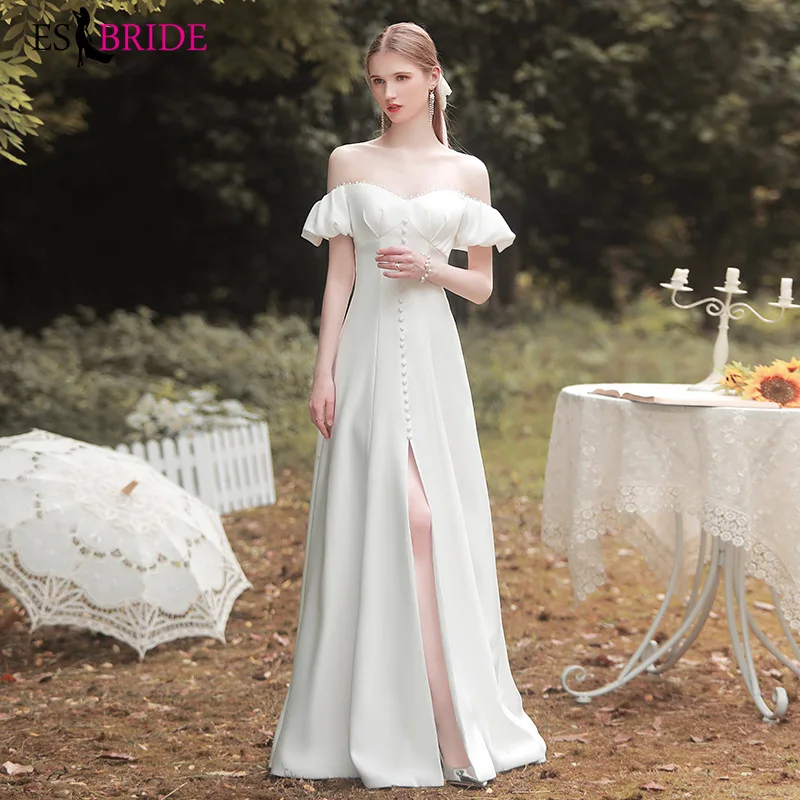 

French light wedding dress 2021 summer new bride temperament satin card shoulder host small dress skirt girl