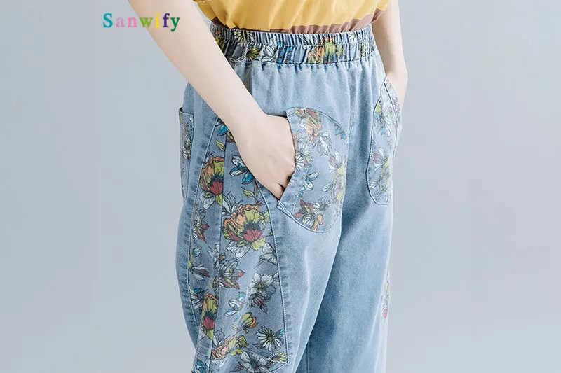 

Summer Fall Denim Harem Pants Ankle-length Loose Wasit Washed Trousers Vintage Floral Printed Pockets 2020