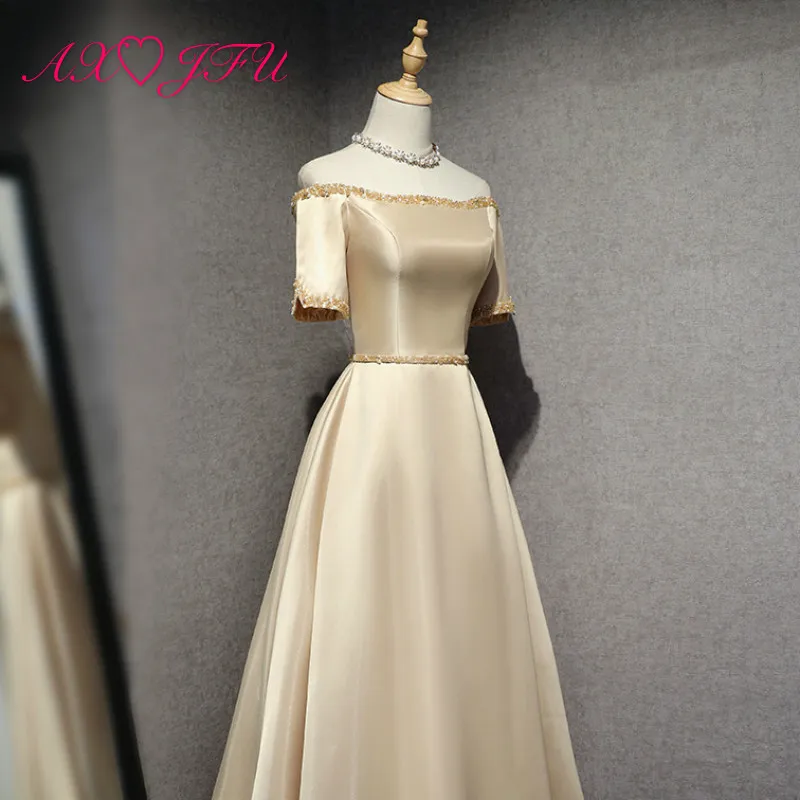 

AXJFU luxury princess red satin bride evening dress vintage boat neck short sleeves beading crystal navy blue evening dress