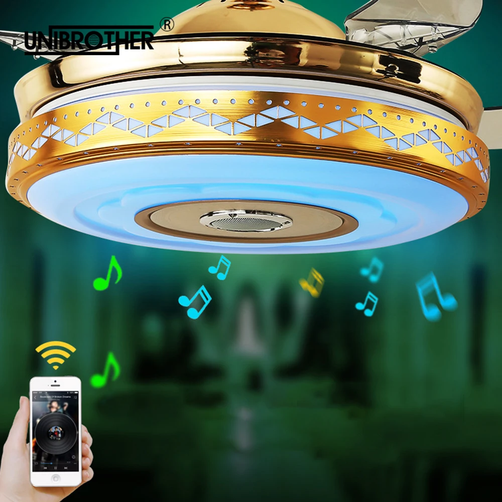comprar Teto Musical 42 Polegada Ventilador Com Luz Telefone App Inteligente Fãs Bluetooth Música Lâmpada De Controle Remoto Quarto Lâmpadas Casa 40w Inversor