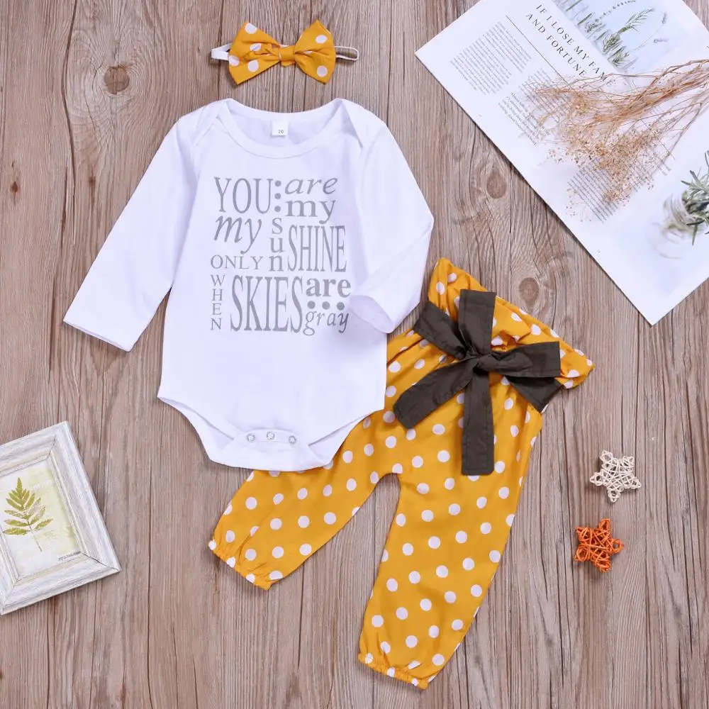 Toddlers Spring Autumn Clothing Cotton Newborn Baby Outfit Fashion Yellow Dot Kids clothing Sets 3pcs Headband | Мать и ребенок