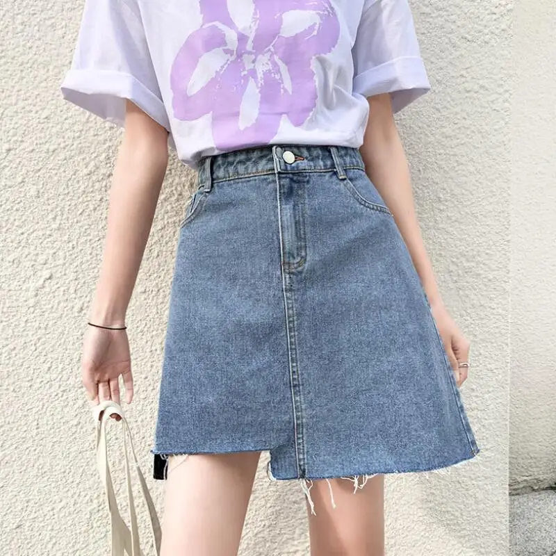 Джинсовая короткая юбка женская летняя 2020 мини с высокой талией размера плюс