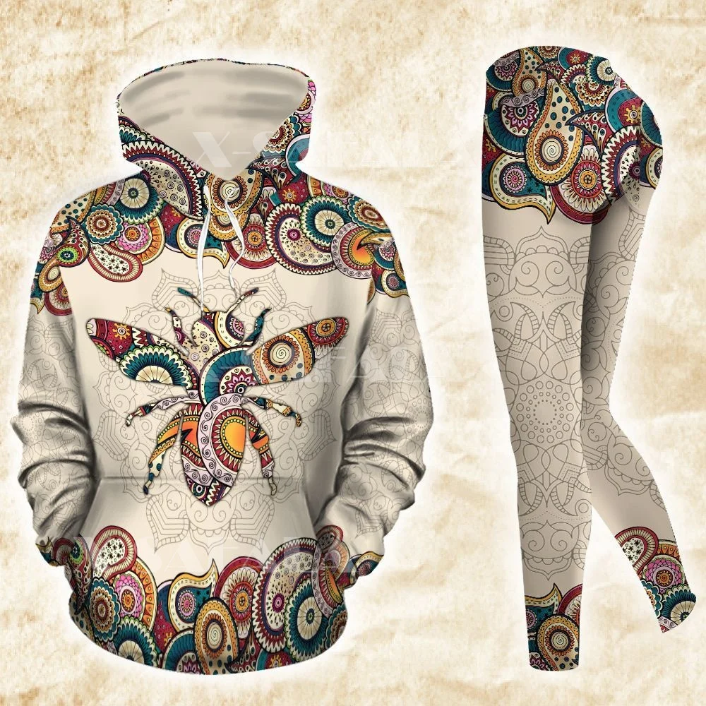 

Bee Mandala 3D Print Combo Hoodie High Waist Women Outwear Leggings Hooded Pullover Suit Tracksuits Two Piece Sport Set