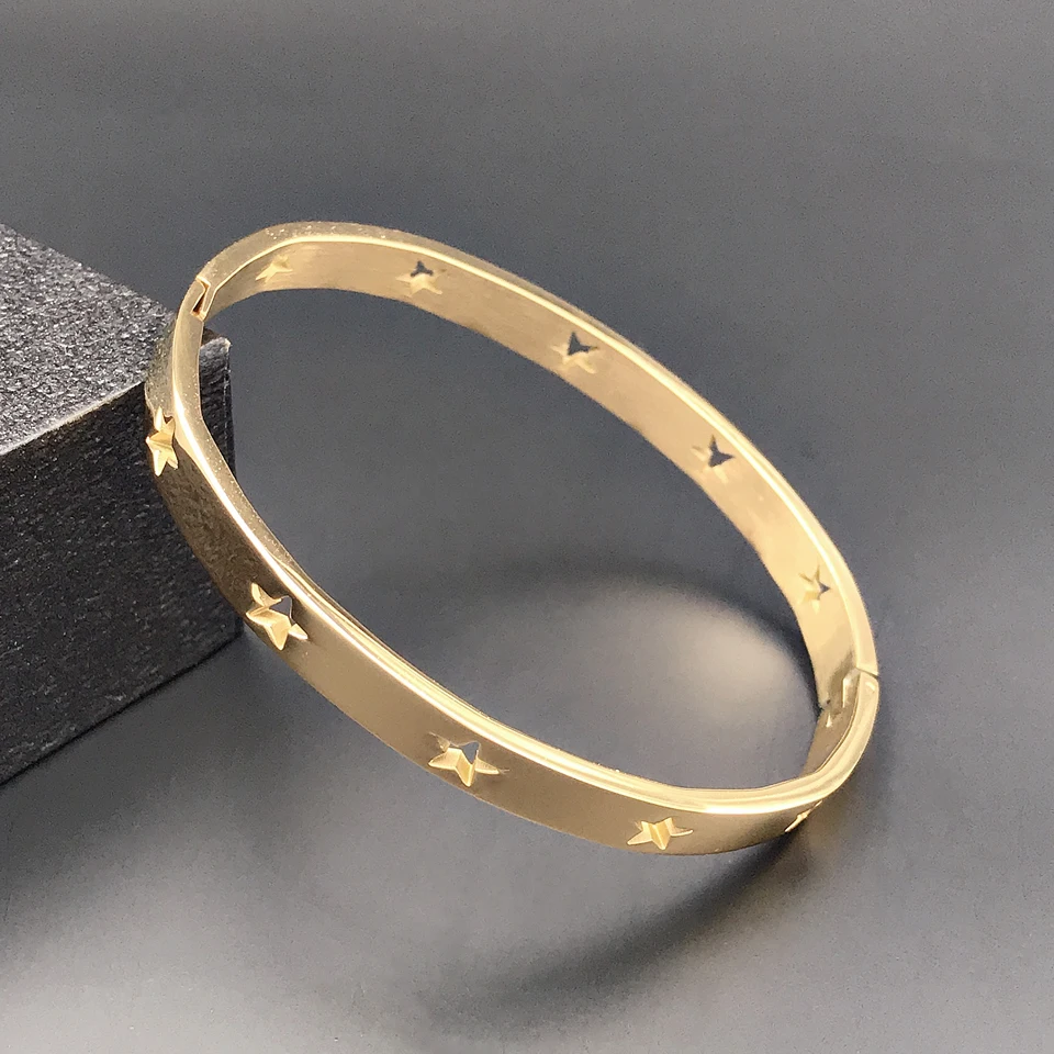 

New Stainless Steel Bracelets & Bangles Hollow Out Star Gold Plating Jewelry Bangle Female Fashion Love Brand Bangle For Woman