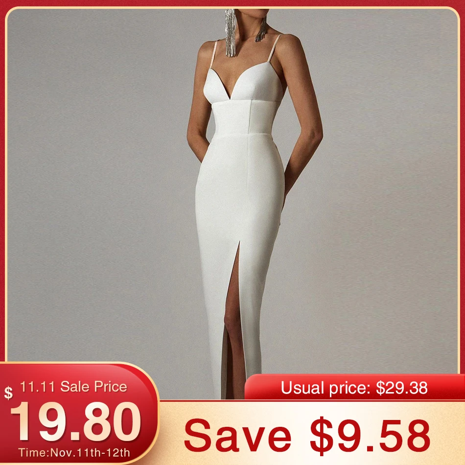 

Adyce New Summer Women White Bodycon Bandage Dress Sexy V Neck Spaghetti Strap Club Celebrity Evening Runway Party Long Dresses
