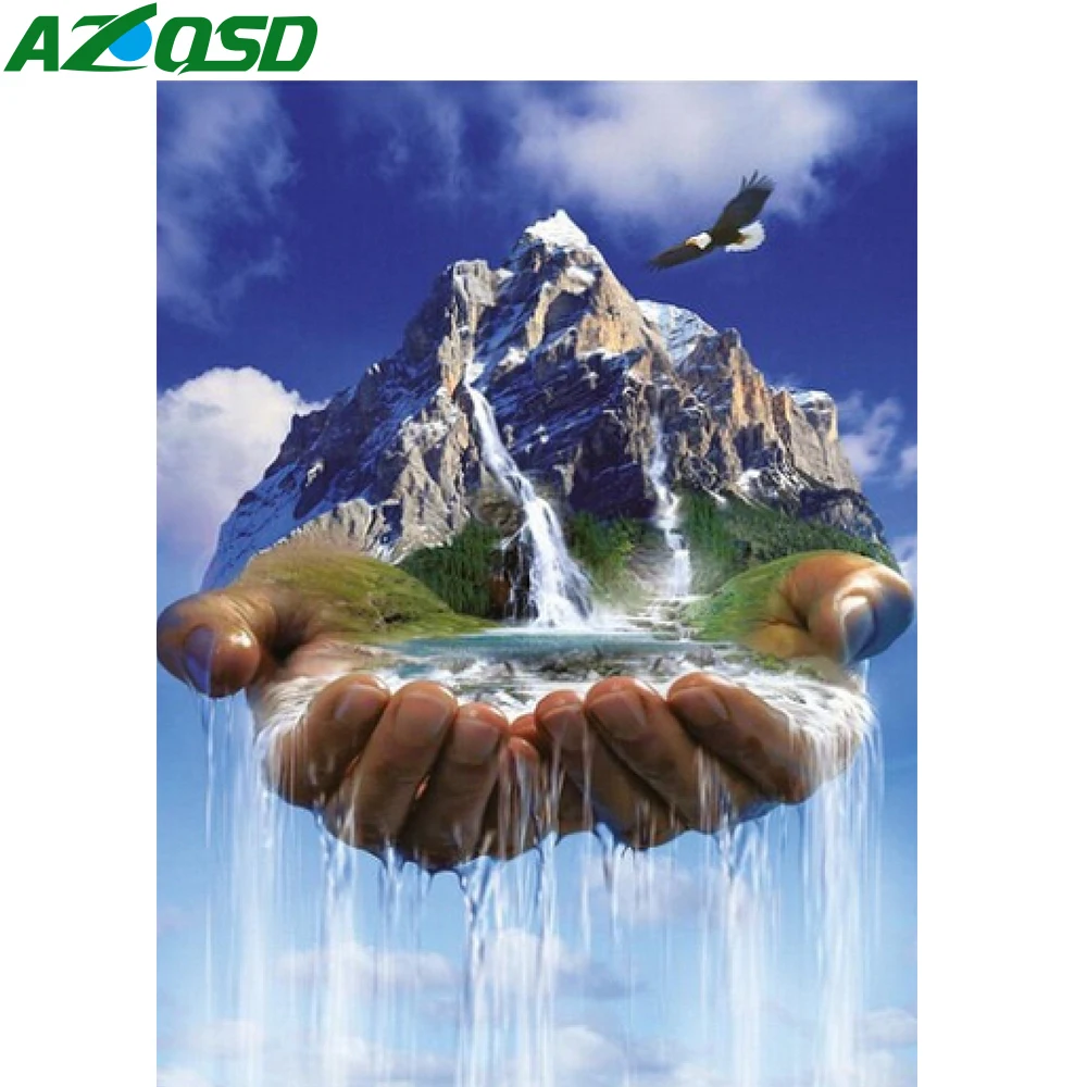 

AZQSD Diamond Painting Waterfall Hand Mountain Cross Stitch Rhinestone Diamond Embroidery Landscape Mosaic Handicraft Home Decor