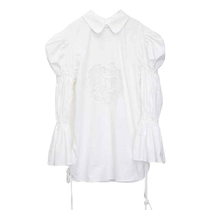 

[EAM] Women White Pattern Hollow Out Big Size Blouse New Lapel Puff Sleeve Loose Fit Shirt Fashion Tide Spring Autumn 2021 1T915
