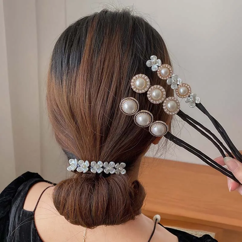 

Woman Elegant Pearl Hair Bun Maker Tool Girl Flower Pontail Band Hairstyle Donut Hair Accessories Braider Twist Headwear