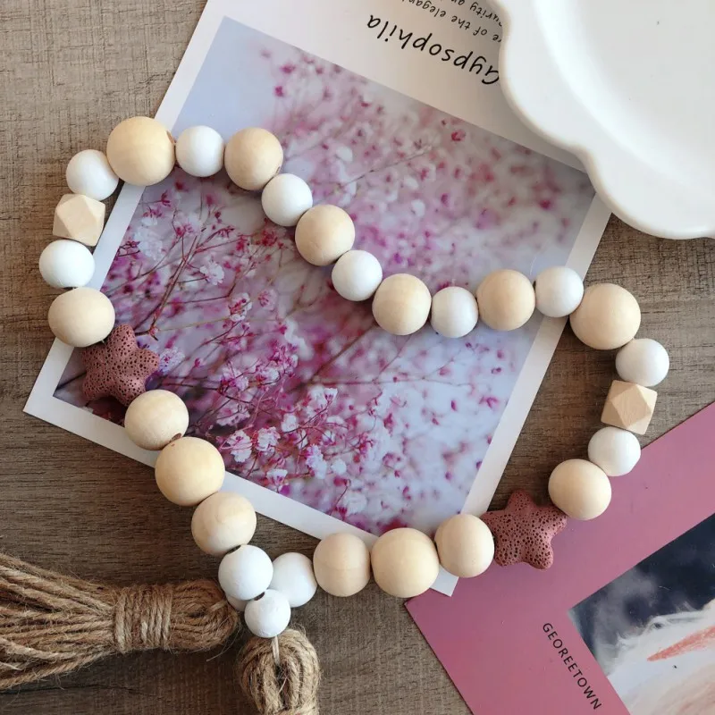 

Деревянная гирлянда из бусин в европейском стиле с кисточками, деревенский декор, детская комната, настенные украшения в стиле бохо, украше...