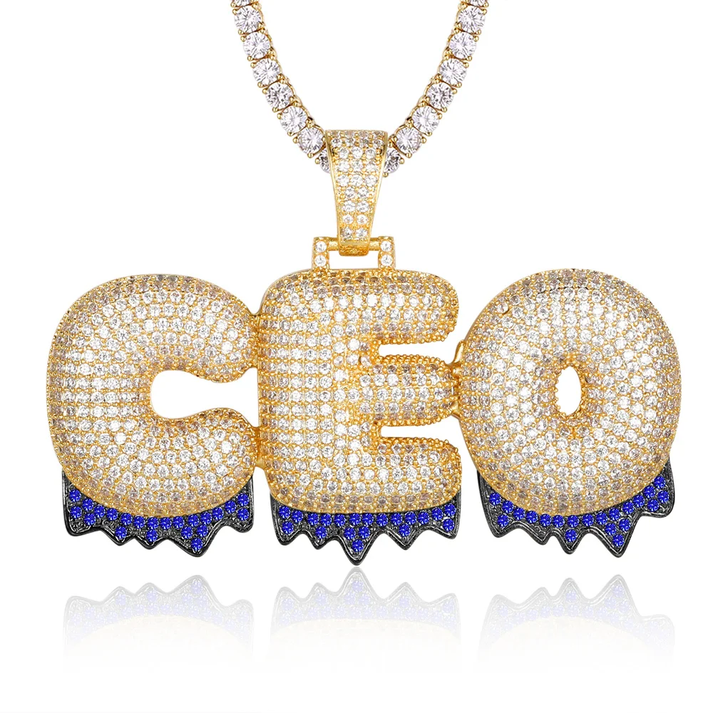

Custom Name Drip Waterdrop Letter Angel Blue Zircon Pendant Necklace 100% Micro Pave CZ Hip Hop Iced Out Tennis Chain Jewelry