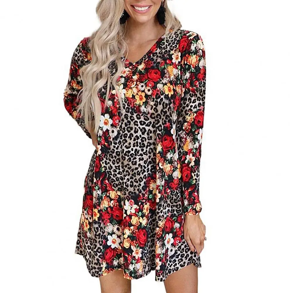

2021 Spring Fashion Women Mini Dress Dresses Loose Floral Leopard Printed Long Sleeve V-Neck Party Patchwork Dress
