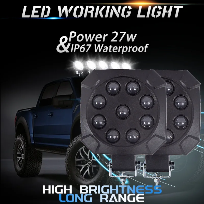 

27WLED Car Work Light 4 inch Square 9 Beads Spotlight Off-road Vehicle Auxiliary Lighting 12-60V Engineering Spotlight