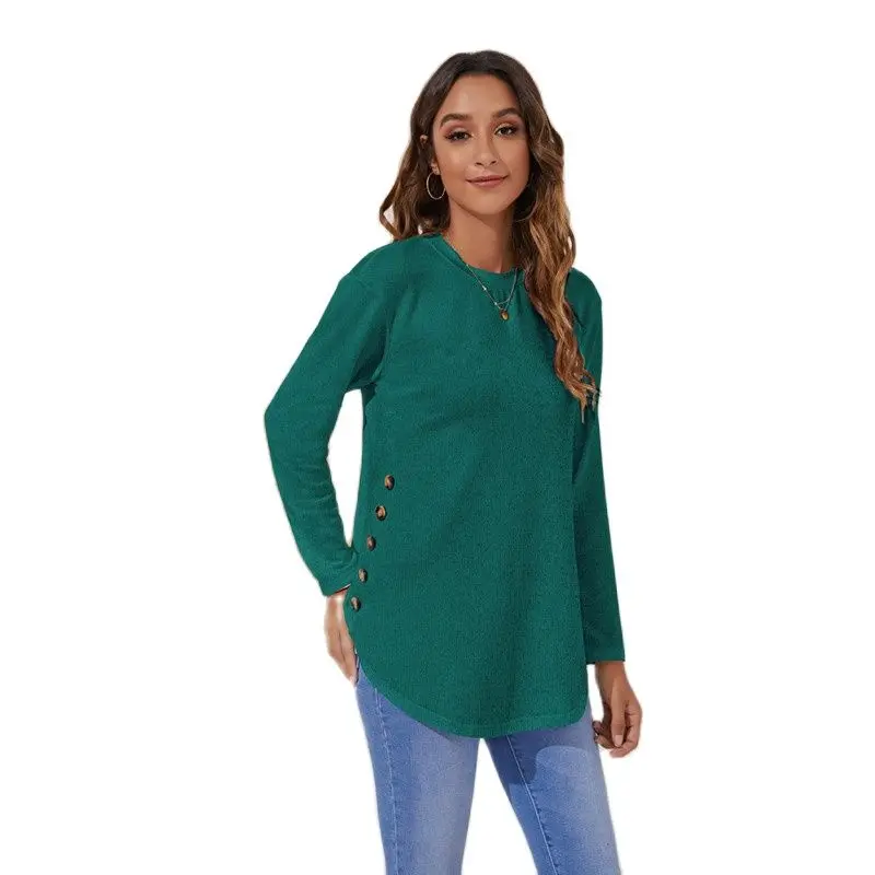 

Autumn 2021 New Fashion Long Sleeve Women Splice Button T-Shirts Casual Loose O-Neck Cotton Tops Ladies New Pullover Clothing