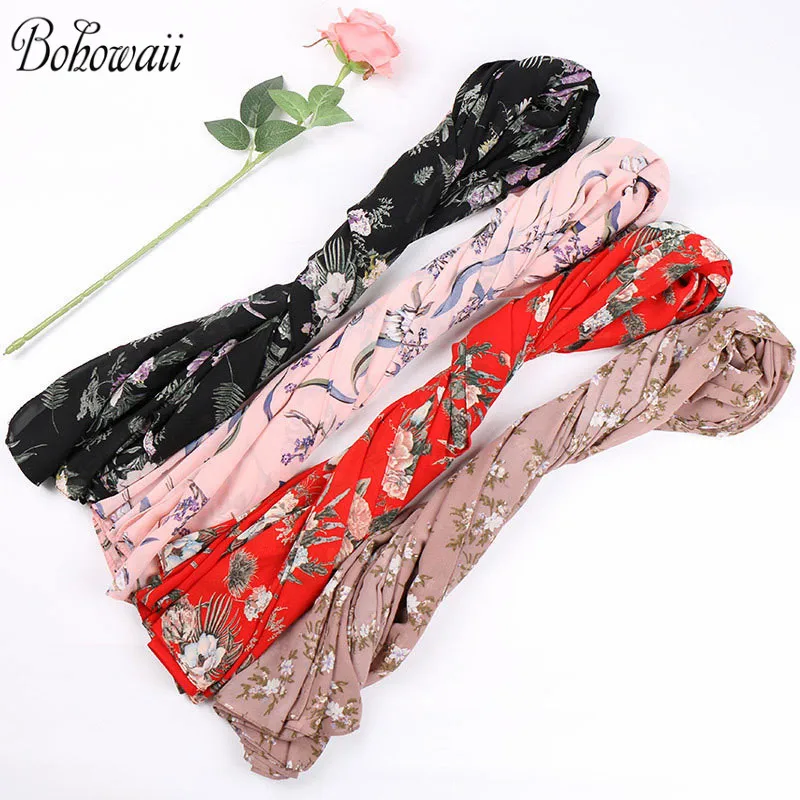 

BOHOWAII Malaysian Hijab Lightweight Chiffon Scarves Fashion Flowers Print Hejabs for Women Muslim Turban Square Hijabs