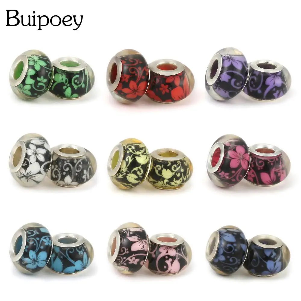 

Buipoey 2pcs/lot 9 Color Flowers Pattern Acrylic Beads Large Hole Straight Beaded Diy Bracelet Bangle Jewelry Making Accessory