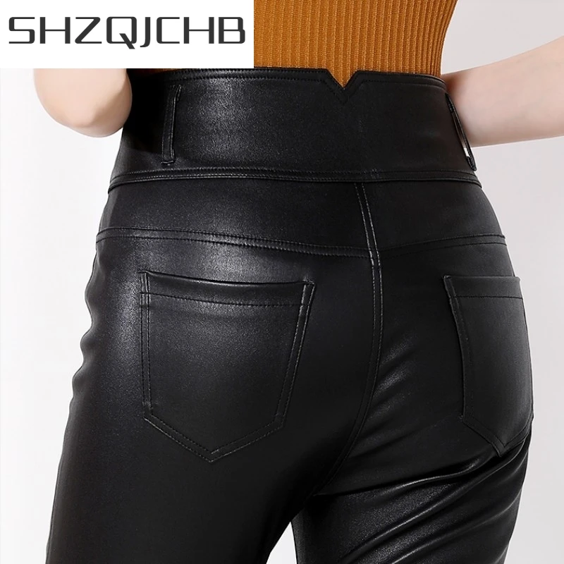 

JCHB 2021 High Waist Single Breasted Genuine Leather Pants Women High Street Black Elastic Skinny Push Up Bikers Pencil Pants F