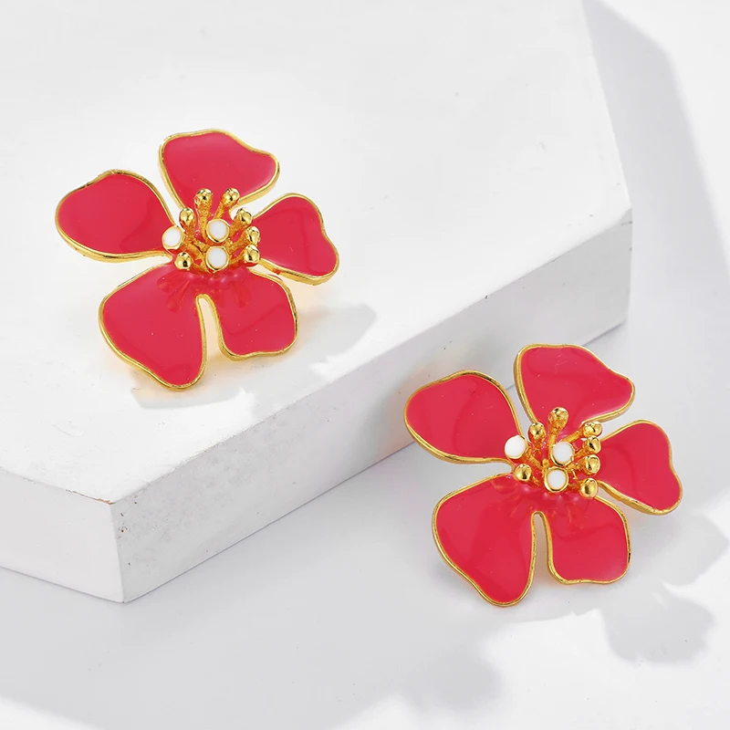 Tocona Charming Pretty Red Flowers Stud Earrings for Women Gilrs Gold Alloy Metal Party Jewelry Wholesale 14336 | Украшения и