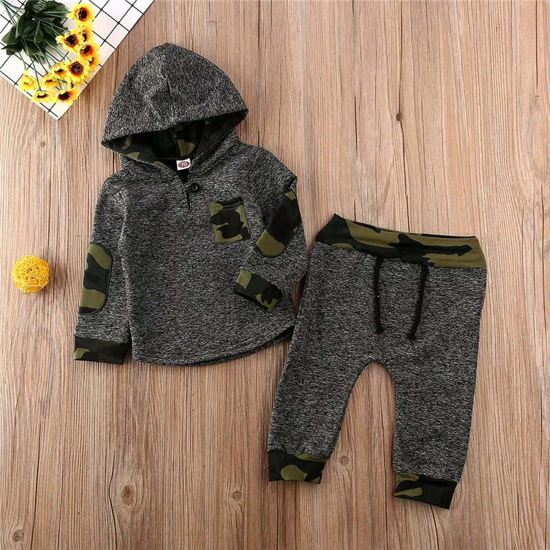 

Free shipping Baby Girls Boys clothes Hooded pocket long sleeve pullover Tops camouflage Pants 2pc kids Toddler Warm Outfits