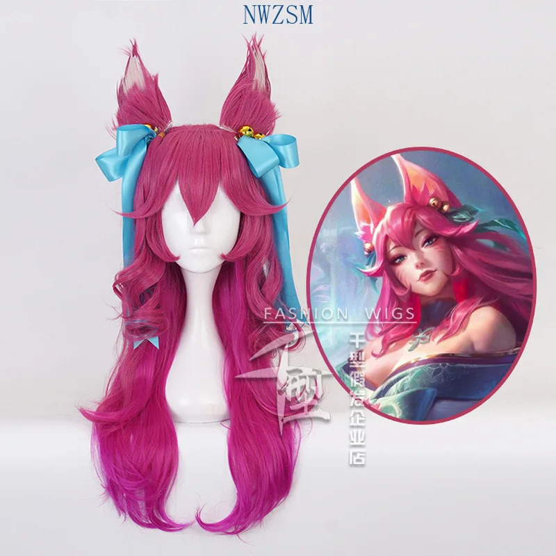Spirit Blossom Ahri Cosplay LOL Cosplay Women 70cm Long Curly Wave Wig Cosplay Anime Heat Resistant Synthetic Wigs Halloween