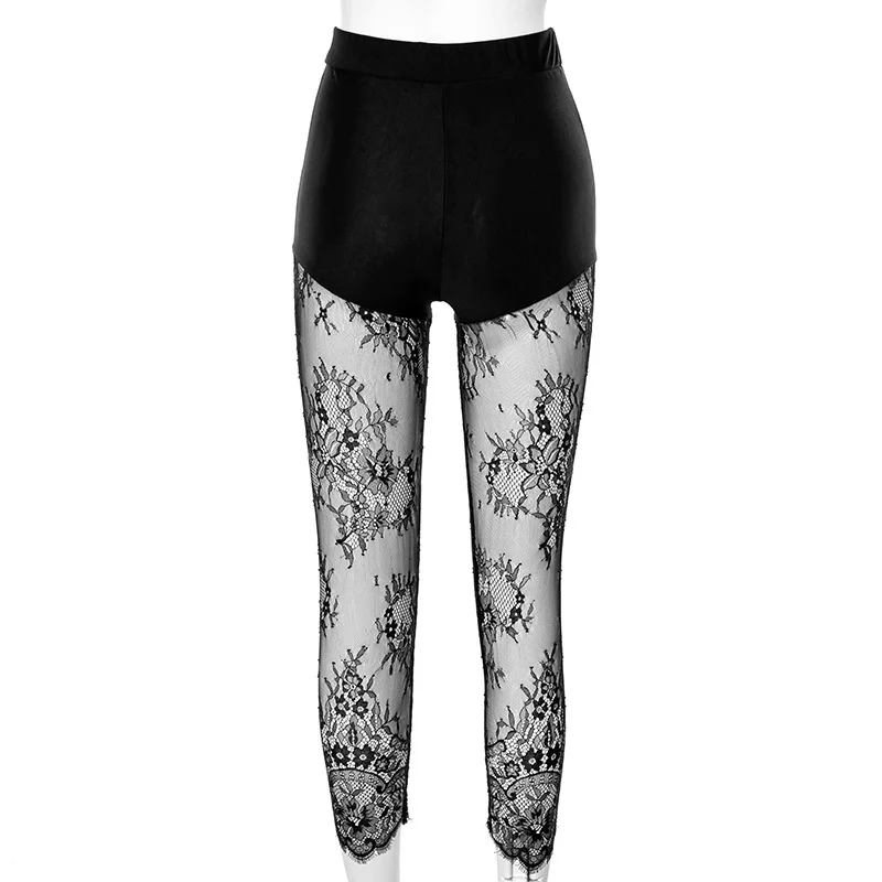 

Stitching Lace Patchwork Pants Sexy Women Trousers High Waist Streetwear Transparent Fashion Sexy Long Mesh Pant