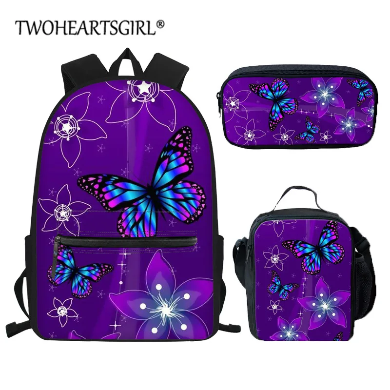 

Twoheartsgirl Children School Bags Pretty Butterfly Print Kids Girl Backpack Student 3Pcs/Set Book Bags Escolar Mochila Purple