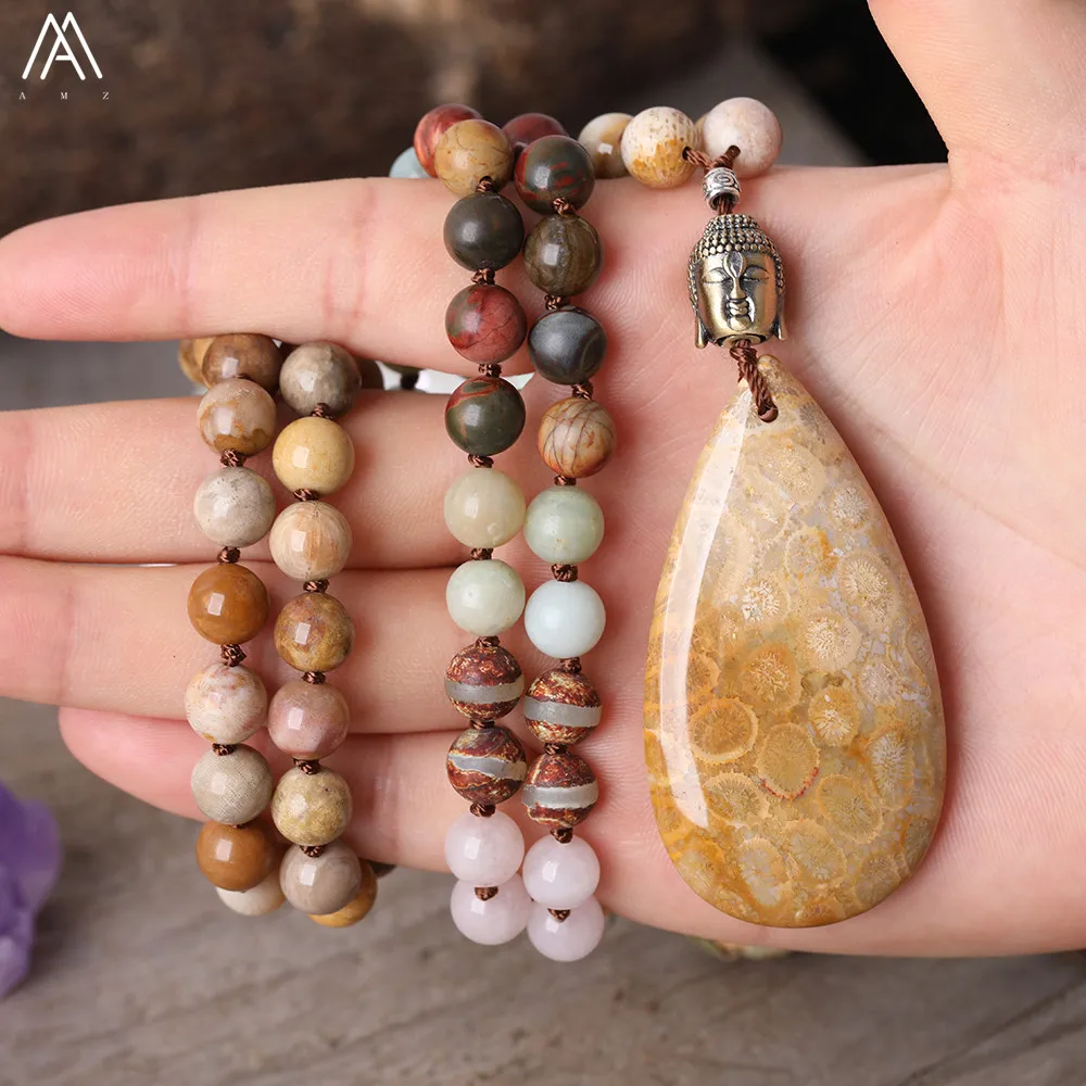 

Natural Flower Fossils Water Drop Buddda Head Pendant 8mm Round Amazonite Pink Quartz 108 Prayer Beads Knot Handmade Necklace