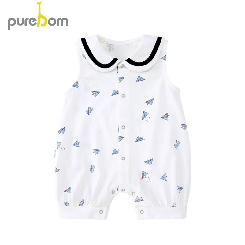Pureborn/Летняя одежда для маленьких девочек; комбинезон для маленьких мальчиков; белые костюмы для новорожденных; хлопковый милый цельнокроеный комбинезон с самолетом; Новинка - Цвет: blue paper plane