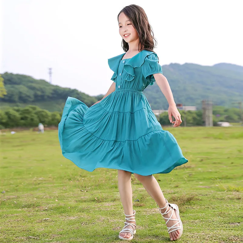 

Children's Clothing Summer 2021 Fashion Casual Dress Solid Princess Dress For Girl Square Collar Short Sleeve To Knee Skirts
