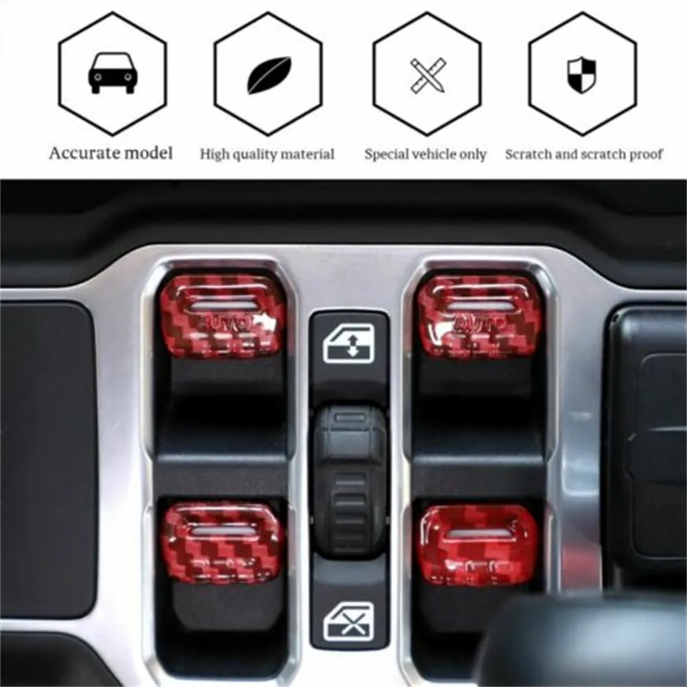 

4pcs/1set Car Interior Parts Lift Switch Adjust Button Cover ABS Trim For 18+ Jeep Wrangler JL Red Carbon Fiber Covers Durable