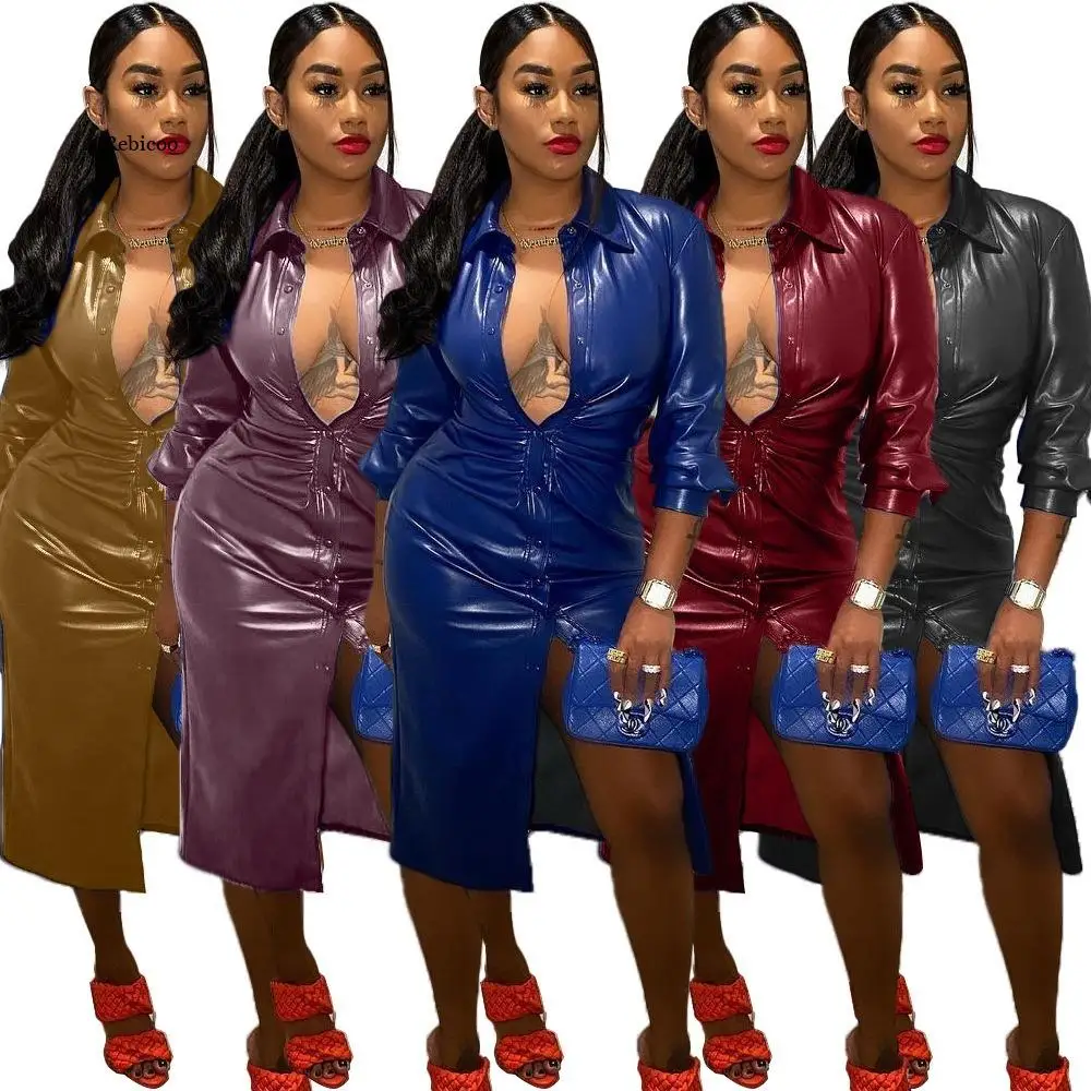 

Тренчкот женский из искусственной кожи, с отложным воротником и длинным рукавом