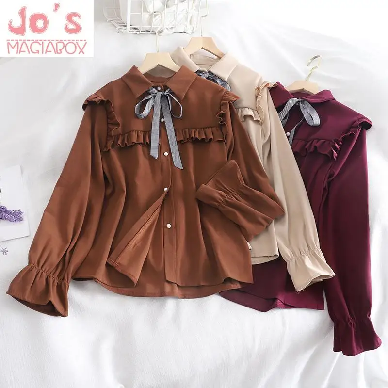 Vintgae/Женские однотонные топы и блузки с отложным воротником милые женские