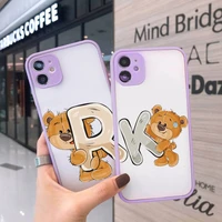 luxury bear letters phone case for iphone 12 11 mini pro xr xs max 7 8 plus x matte transparent purple back cover