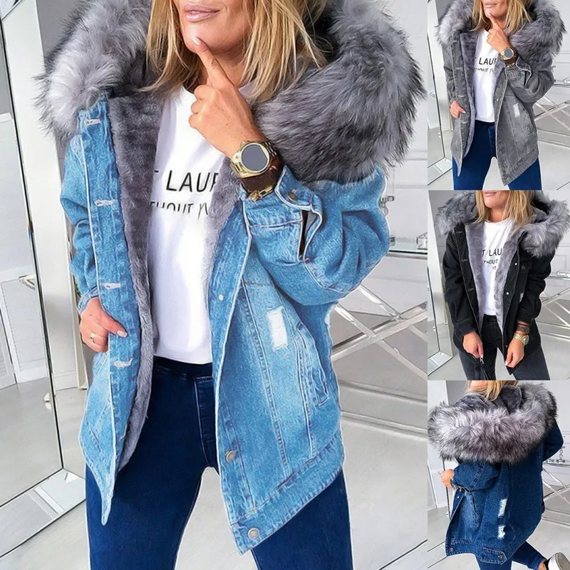 

Женская куртка из искусственного меха, зимняя теплая парка с длинным рукавом и капюшоном, джинсовое пальто большого размера, рваная верхняя...