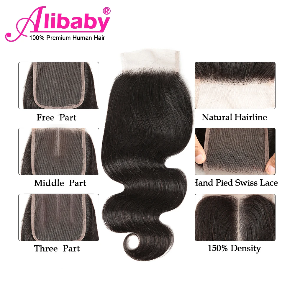 Alibaby перуанские человеческие волосы закрывающие волнистые не Реми 4 ×