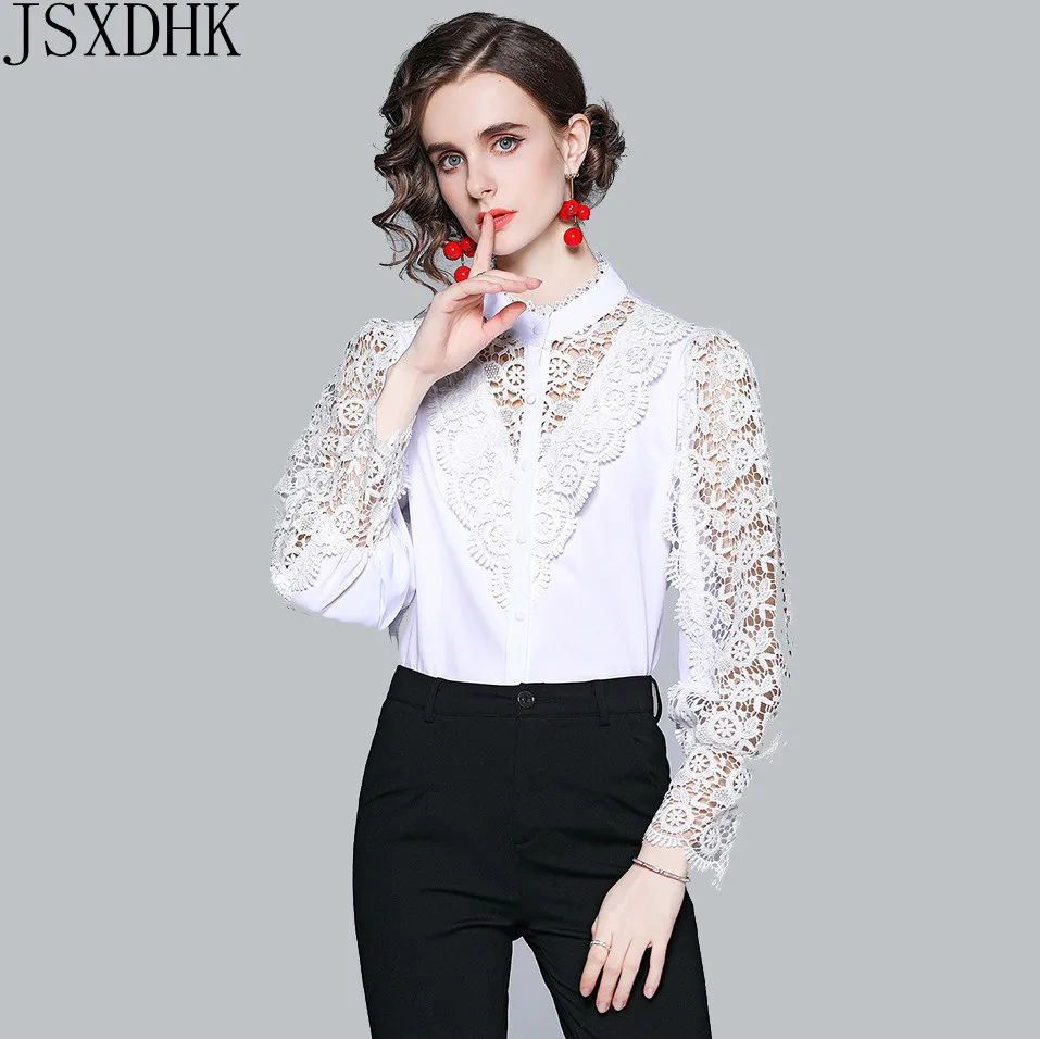 

2021 New Korean Lace Stitching Shirt Spring Chic Hollow Flower Buttons Ladies Top Sweet Stand Collar Long Sleeve Blouse Women