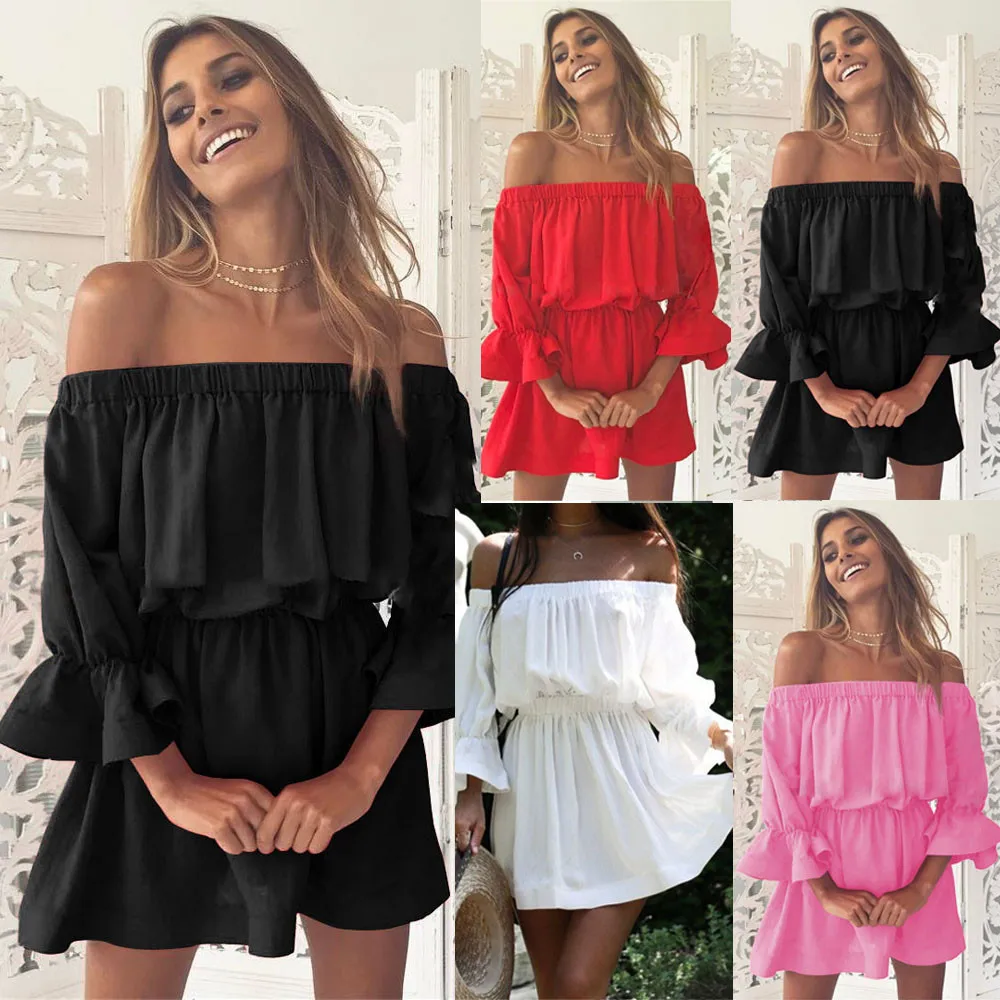 

Women Flare Sleeve Off Shoulder Holiday Dress Ladies Summer Dress sexy club dresses robe boheme femme 2021#XX