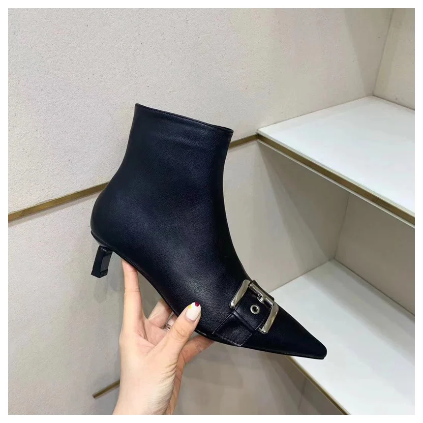 black buckle Элегантные ботильоны; женские полусапожки на тонком каблуке с острым носком; женская повседневная обувь на шнуровке; женские брендовые ботинки; ботинки «Челси» на молнии - Цвет: black buckle