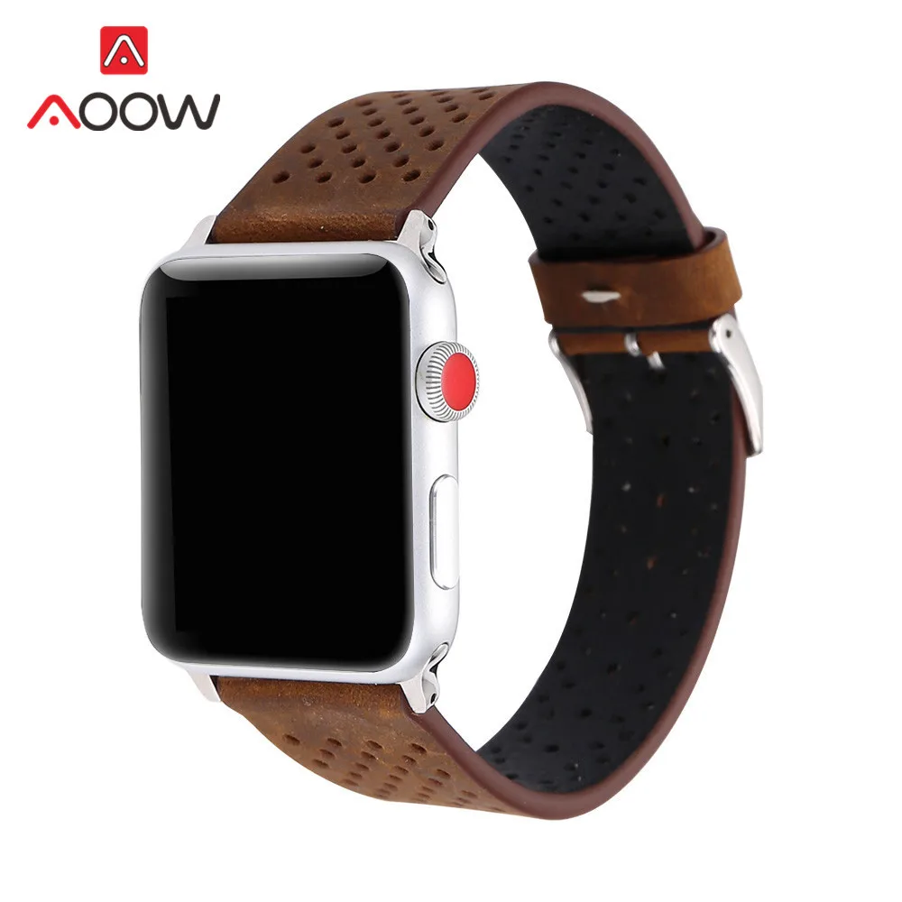 Ремешок для часов из натуральной кожи для Apple Watch, 38 мм, 42 мм, дышащий ремешок для мужчин и женщин, ремешок для iwatch 1, 2, 3, 4