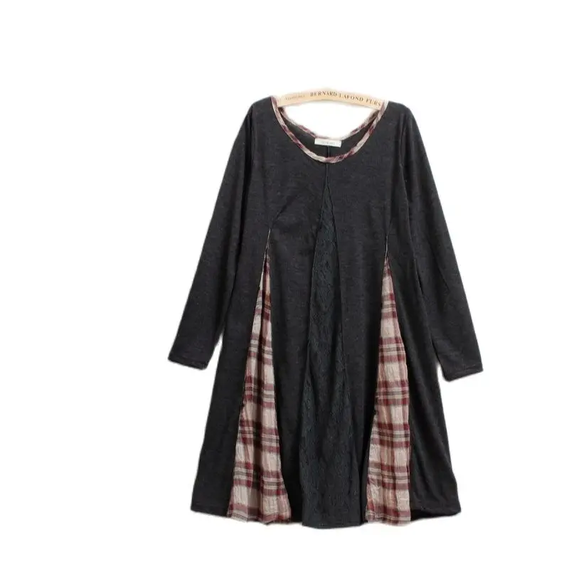 Женское длинное трикотажное платье винтажное клетчатое кружевное в стиле бохо с