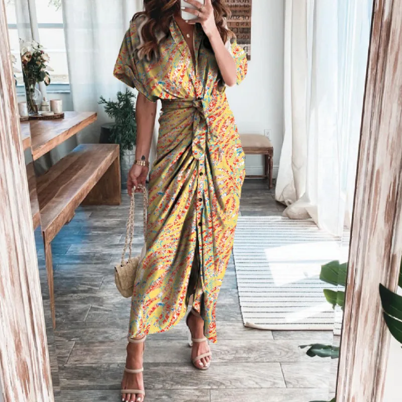 

2021 Elegant Shirt Dress Women Button Short Sleeve Tunic Midi Dress Ladies Office V Neck Slit Draped Fashion Party Dresses S-3XL