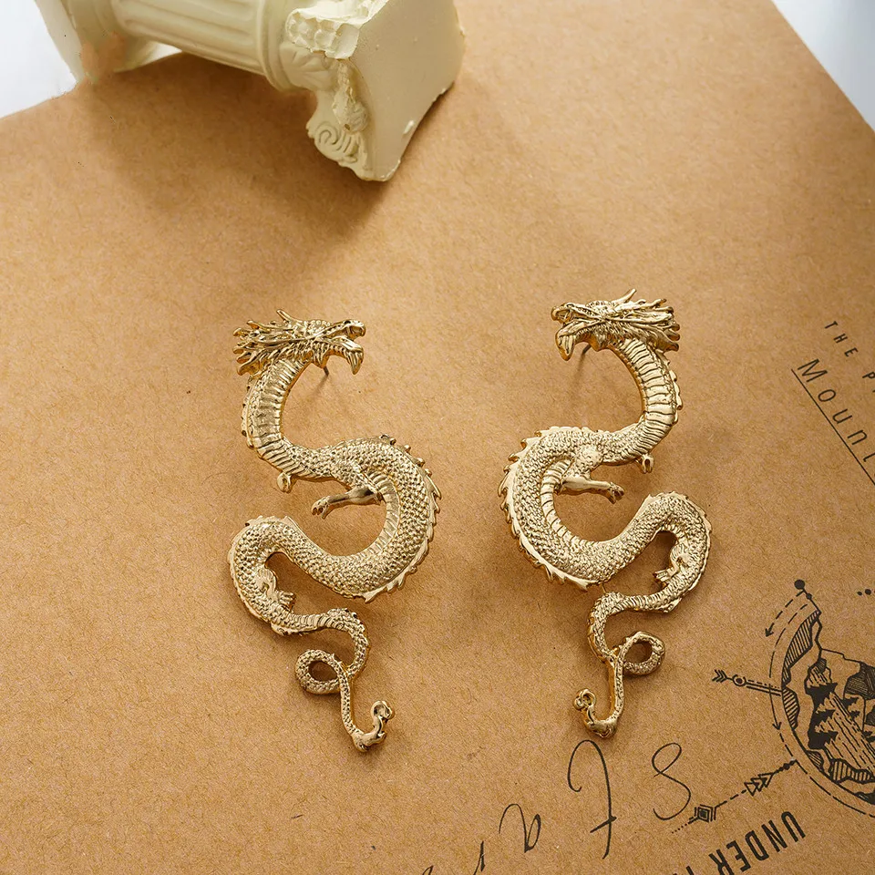 

Classic Vintage Dragon Earring for Women Large Exaggerated Asymmetric Dangle Earrings Drop Gold Color Punk Snake Shape